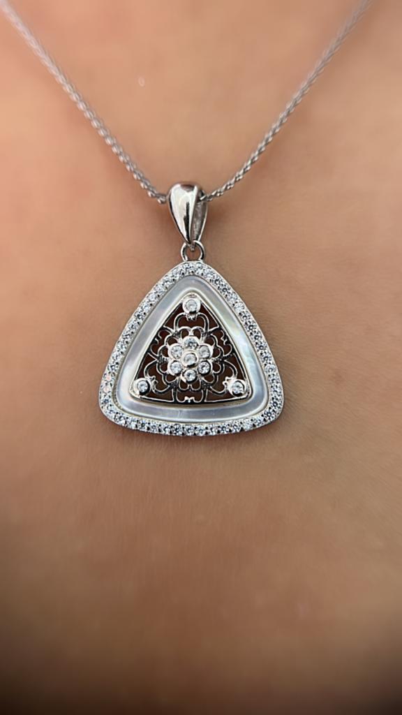 Radiant Elegance  : A Magnificent Triangle Mother of Pearl Pendant Set - 925 Sterling Silver.